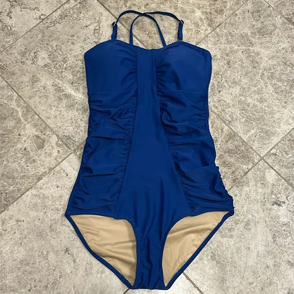 Cabana Life Blue Ruched One Piece Swimsuit Small Fully Lined Convertible Straps